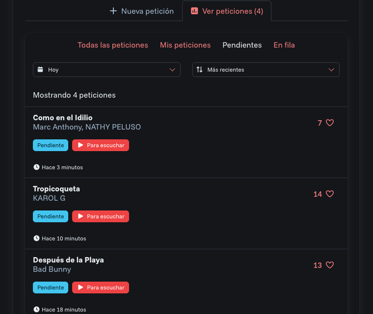 Cola de peticiones en vivo con votaci&oacute;n del p&uacute;blico