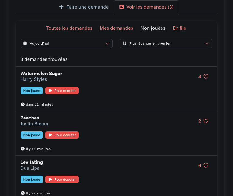 File de demandes de chansons en direct avec vote du public