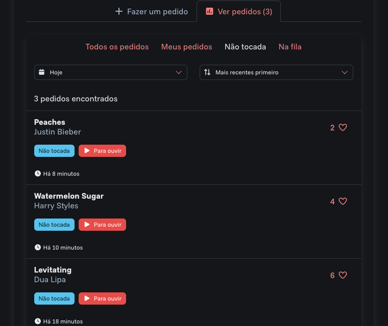 Fila de pedidos de m&uacute;sica ao vivo com vota&ccedil;&atilde;o do p&uacute;blico