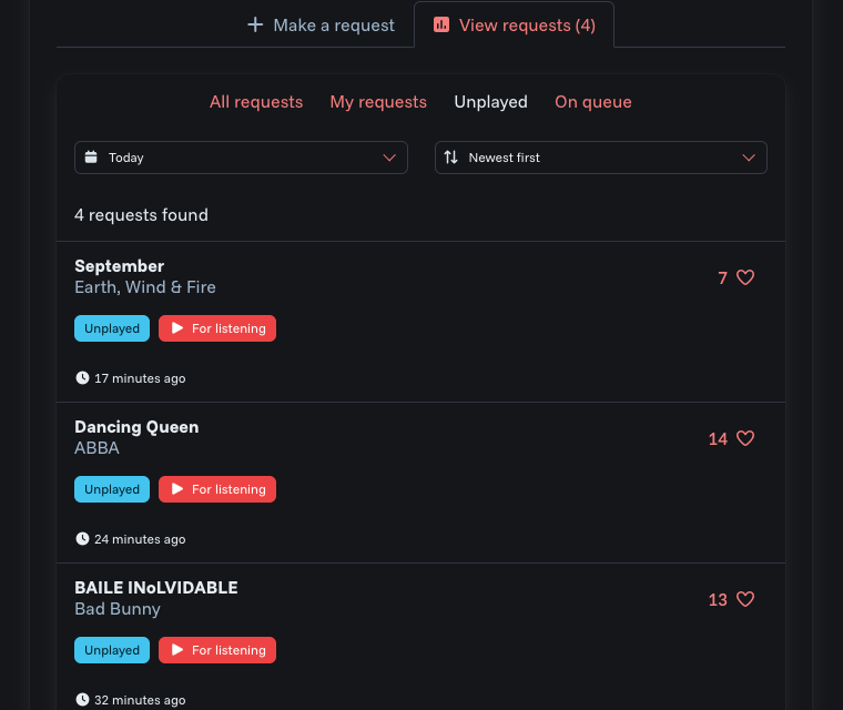 Live song request queue with crowd voting