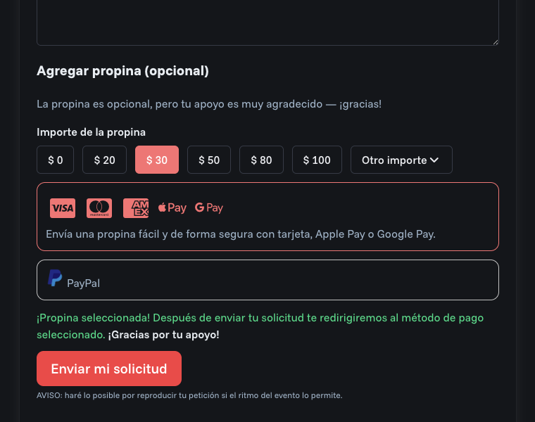 Opciones de propina en una petici&oacute;n de canci&oacute;n