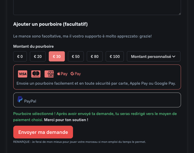 Options de pourboire sur une demande de chanson