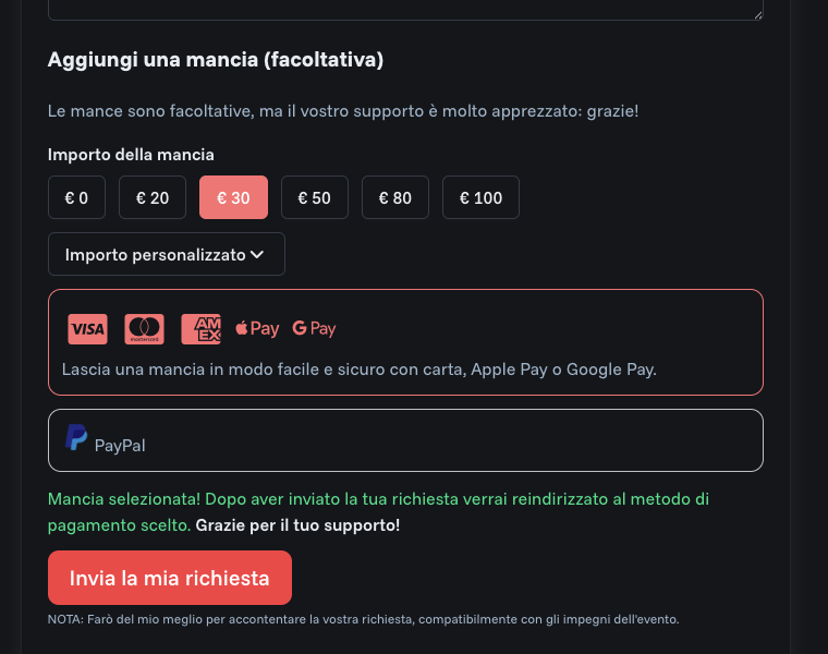 Opzioni di mancia su una richiesta musicale