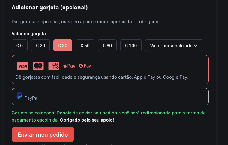 Op&ccedil;&otilde;es de gorjeta em um pedido de m&uacute;sica