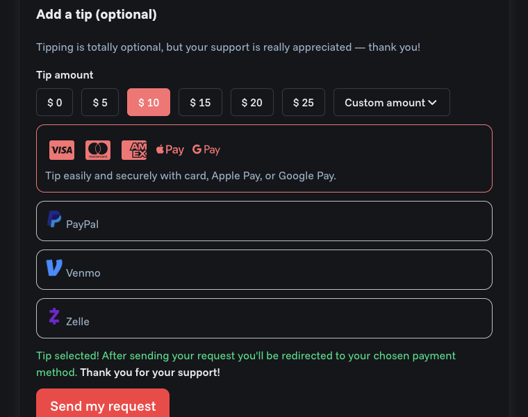 Tip options on a song request