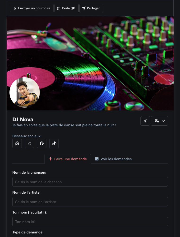 Page de profil public du DJ avec formulaire de demande de chansons