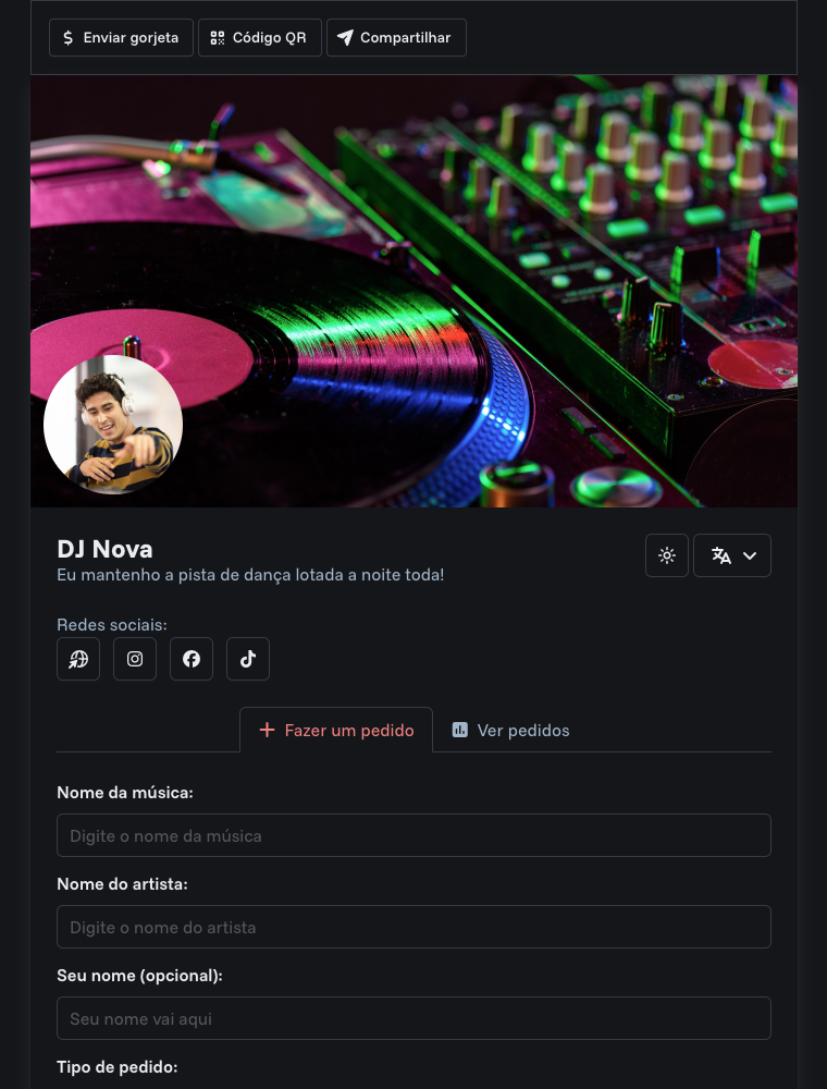 P&aacute;gina de perfil p&uacute;blico do DJ com formul&aacute;rio de pedido de m&uacute;sica