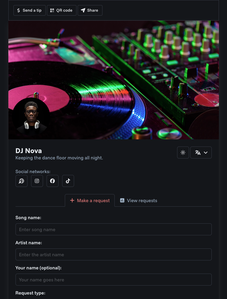 Public DJ profile page with song request form